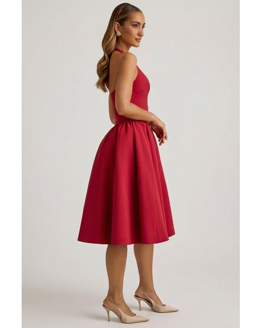 Oh Polly Red Halterneck Bow-Detail Midi Dress