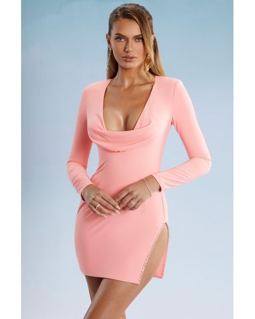 Oh Polly Pink Cowl Neck Thigh Split Mini Dress