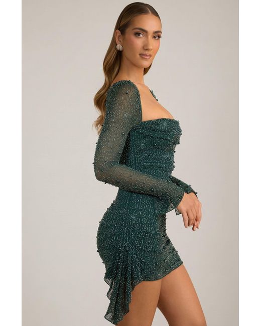 Oh Polly Green Embellished Cowl-Neck Draped Mini Dress