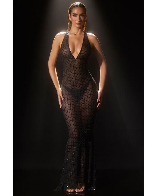 Oh Polly Black Embellished Semi-Sheer Halterneck Gown