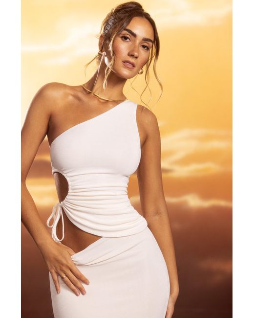 Oh Polly White Textured Jersey Ruched Cut-Out One Shoulder Top