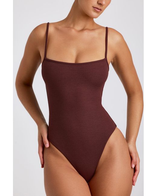 Oh Polly Brown Ribbed Modal Square Neck Bodysuit