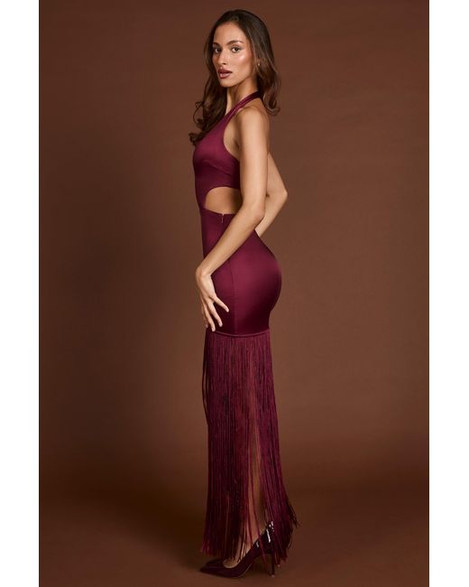 Oh Polly Red Fringed Plunge-Neck Maxi Dress