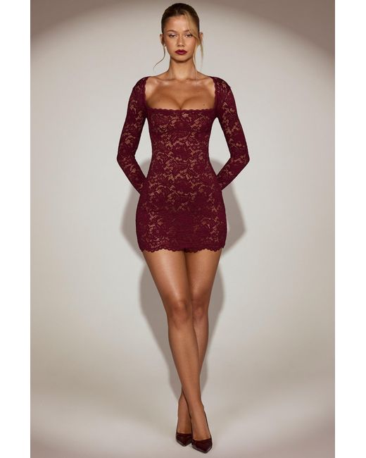 Oh Polly Red Sheer Scalloped-Lace Long-Sleeve Mini Dress