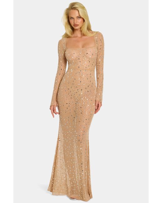Oh Polly Natural Sheer Embellished Long Sleeve Evening Gown