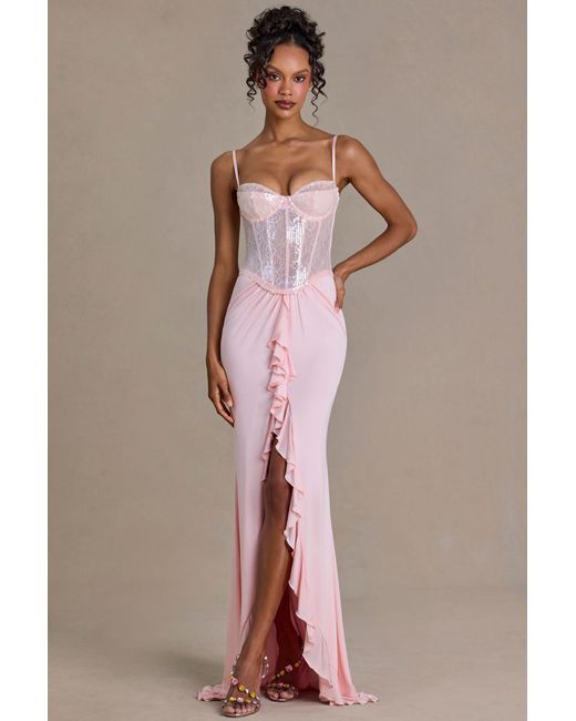 Oh Polly Pink Embellished Lace Corset Gown