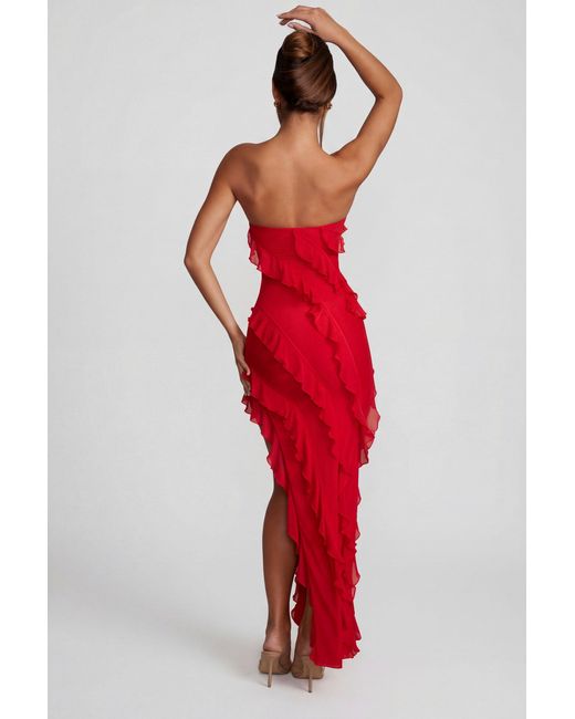 Oh Polly Red Bandeau Ruffle Detail Maxi Dress