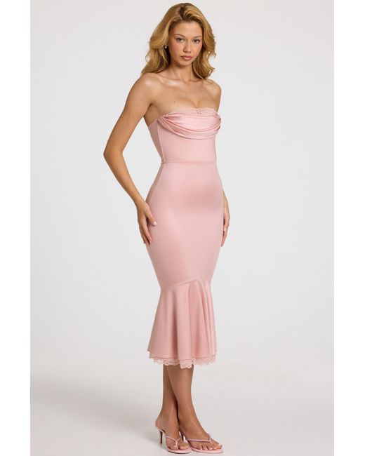 Oh Polly Pink Satin Lace-Trim Bandeau Fluted Midaxi Dress