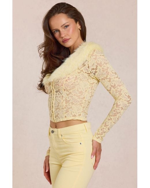 Oh Polly Yellow Lace Faux-Fur-Trim Cardigan