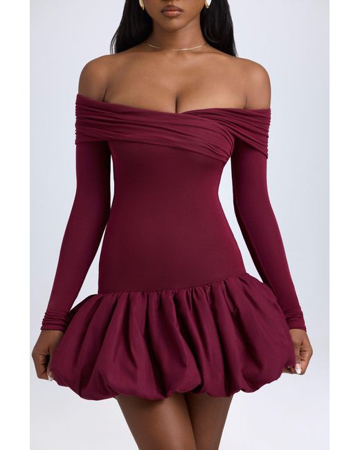 Oh Polly Red Modal Off-Shoulder Bubble Hem Mini Dress