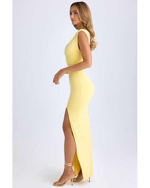 Oh Polly Yellow Modal Plunge-Neck Thigh-Split Maxi Dress