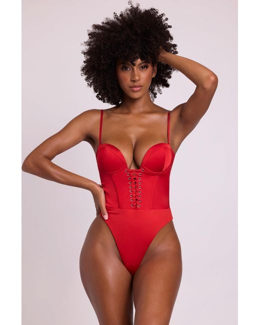 Oh Polly Red Satin Plunge Neck Lace Up Corset Bodysuit