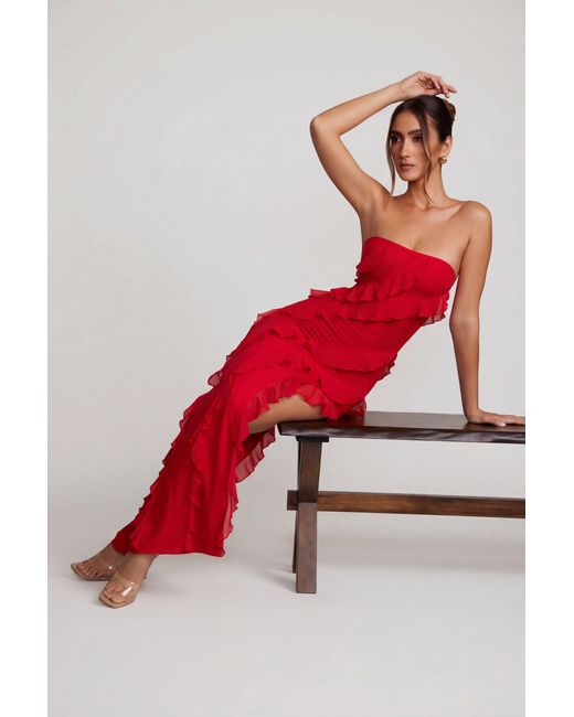 Oh Polly Red Bandeau Ruffle Detail Maxi Dress