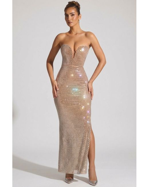 Oh Polly Natural Embellished Strapless Plunge Gown