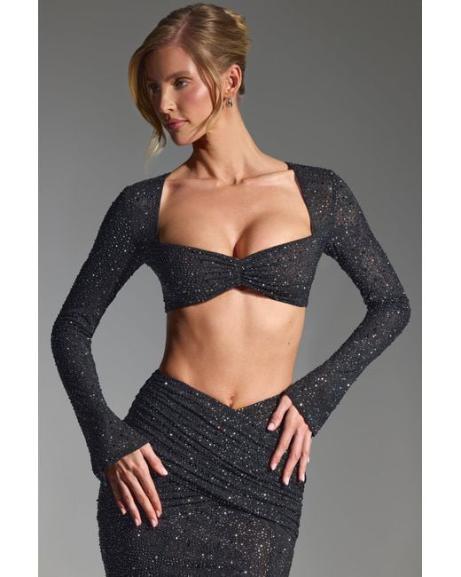 Oh Polly Black Embellished Long-Sleeve Crop Top