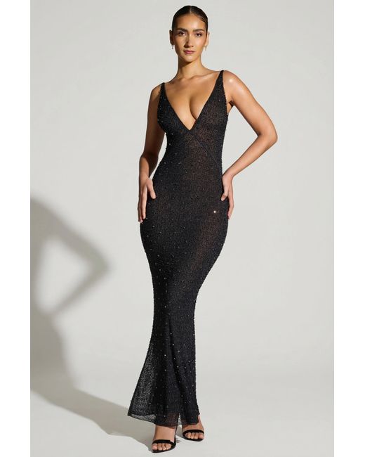 Oh Polly Black Embellished Plunge Neck Evening Gown