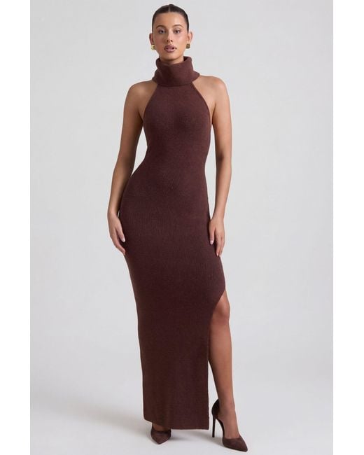 Oh Polly Brown Ribbed-Knit Turtleneck Backless Maxi Dress