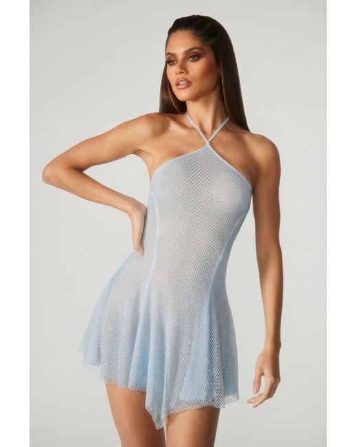 Oh Polly Blue Embellished Lace Up Back Mini Dress