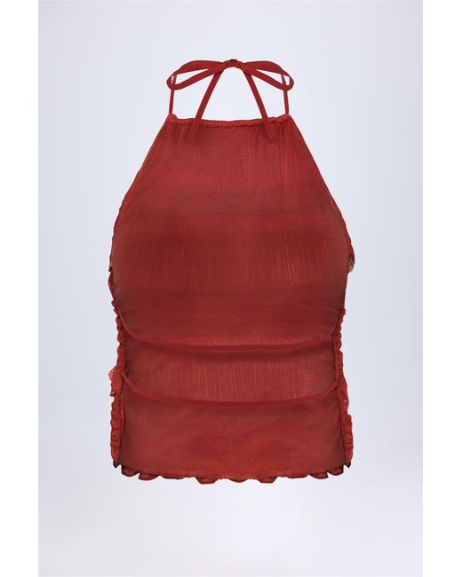 Oh Polly Red Ruffled High-Neck Backless Top