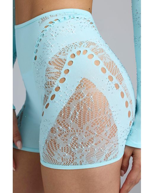 Oh Polly Blue Embellished High-Waist Shorts