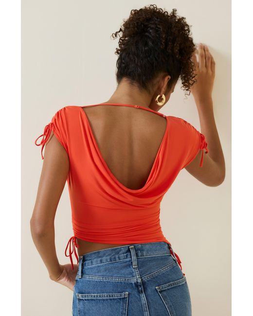 Oh Polly Red Asymmetric Ruched Cowl-Back Crop Top