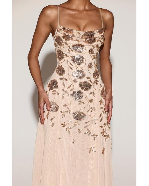Oh Polly Metallic Embellished Soft-Scoop Asymmetric Midaxi Dress