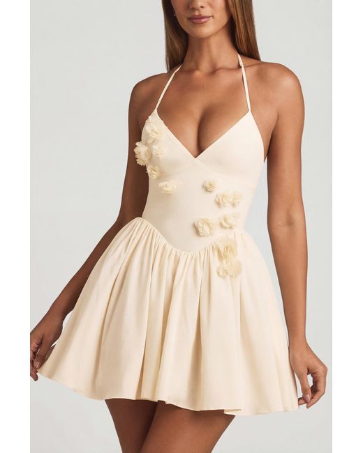 Oh Polly White Halterneck Floral-Appliqué Corset Mini Dress