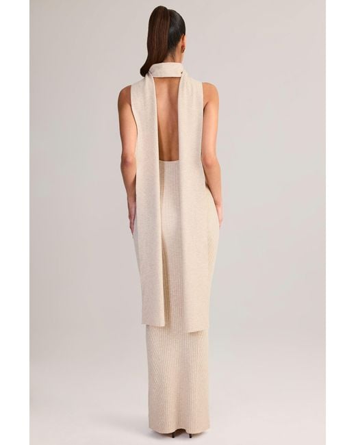 Oh Polly White Rib-Knit Scarf-Detail Halterneck Maxi Dress