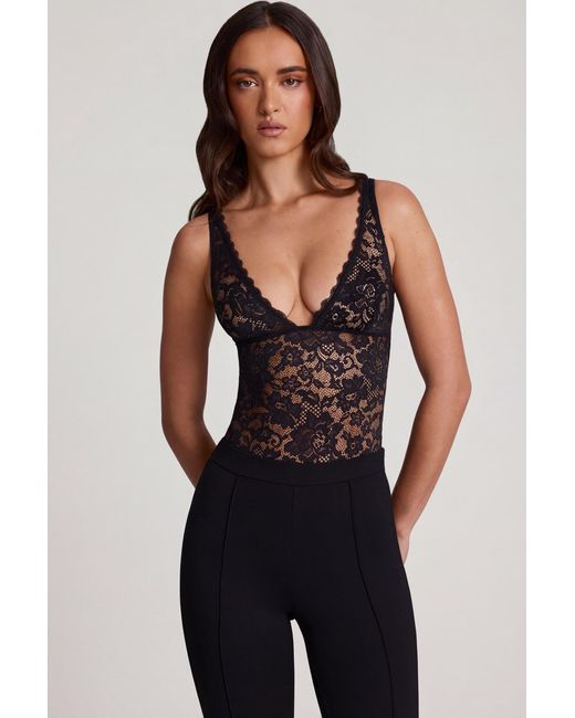 Oh Polly Black Sheer Lace Scalloped Plunge-Neck Bodysuit
