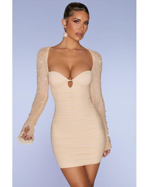 Oh Polly Natural Embellished Long Sleeve Mini Dress