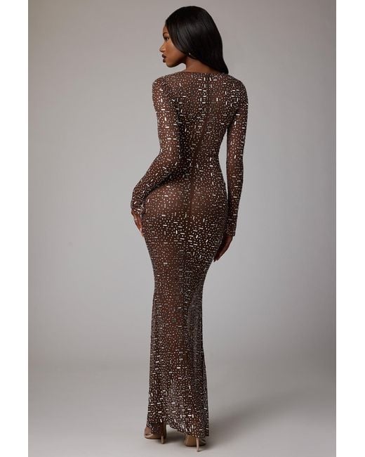 Oh Polly Brown Sheer Embellished Long Sleeve Evening Gown