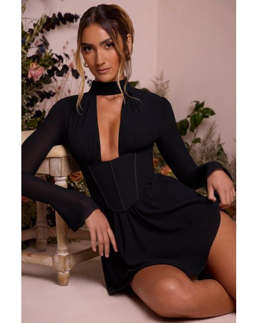 Oh Polly Black Long Sleeve Plunge Neck Mini Dress