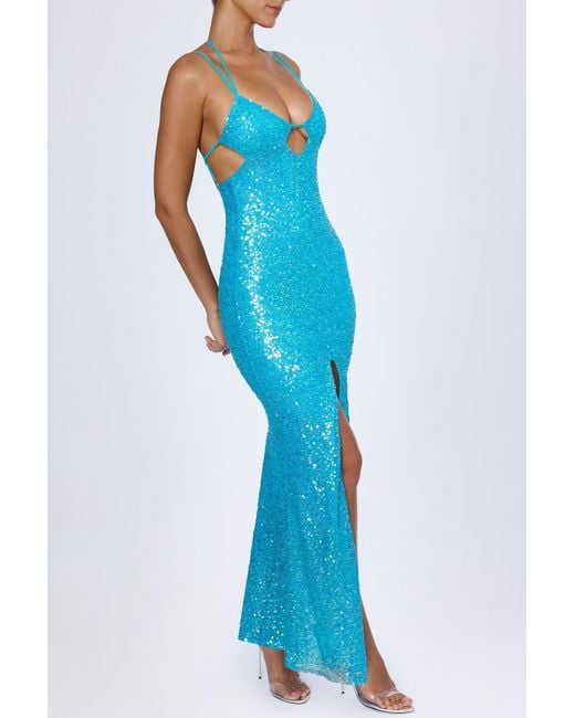 Oh Polly Blue Embellished Cut-Out Halterneck Maxi Dress