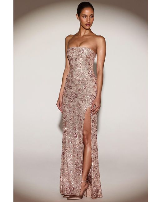 Oh Polly Natural Embellished Bandeau-Neck Strapless Gown