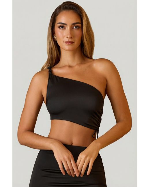 Oh Polly Black Ruched Asymmetric Crop Top