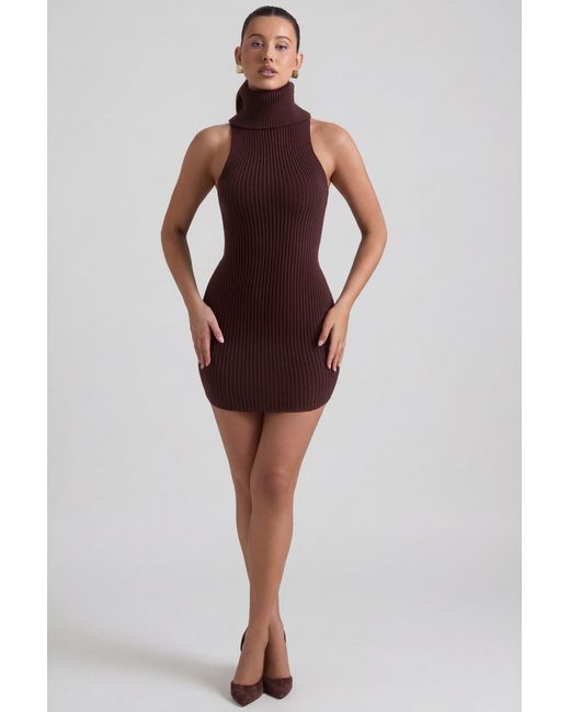 Oh Polly Brown Ribbed-Knit Turtleneck Mini Dress