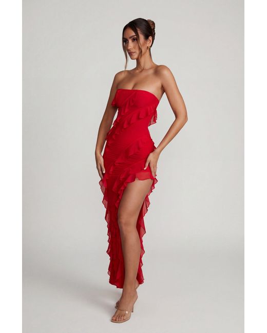 Oh Polly Red Bandeau Ruffle Detail Maxi Dress