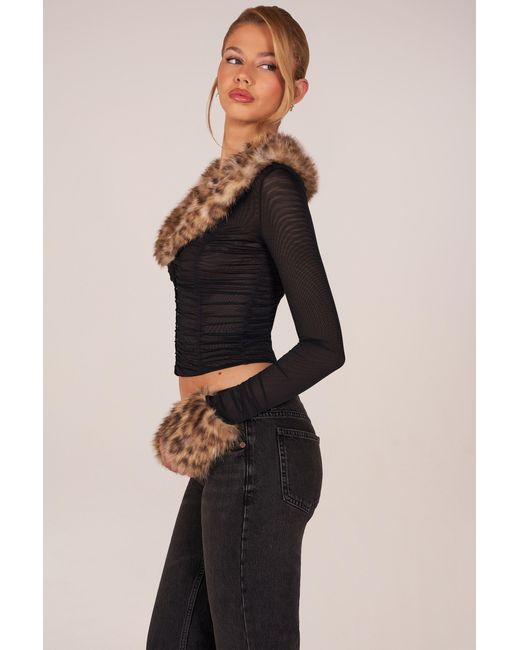 Oh Polly Black Faux Fur-Trim Sheer Mesh Cardigan