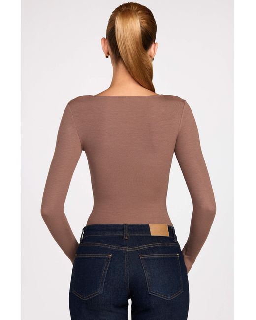 Oh Polly Brown Ribbed Modal Ruched Long-Sleeve Top