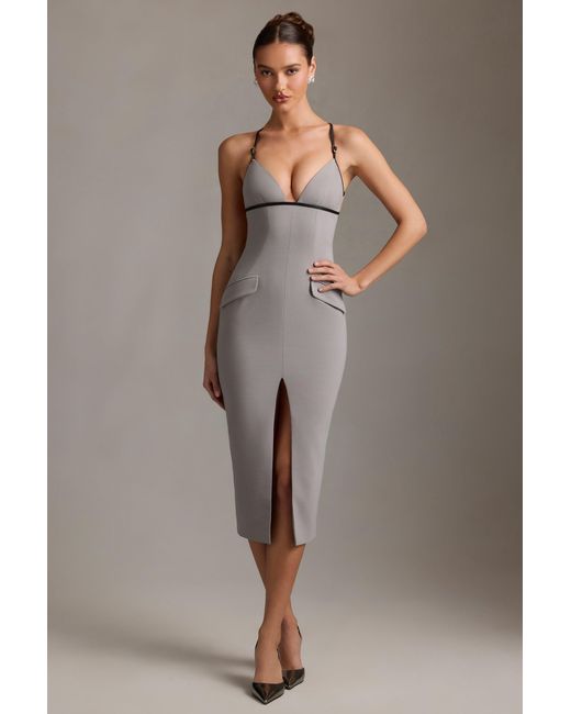 Oh Polly Gray Plunge-Neck Backless Midaxi Dress