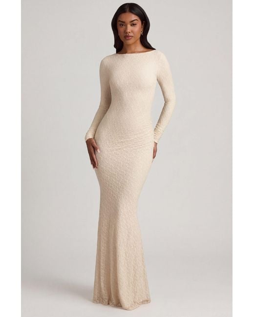 Oh Polly White Ruched Backless Lace Maxi Dress