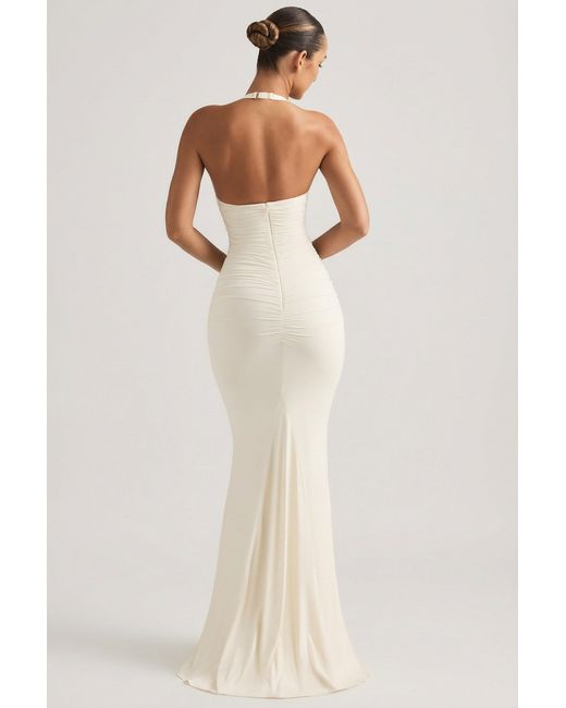 Oh Polly White Ruched Backless Halterneck Gown
