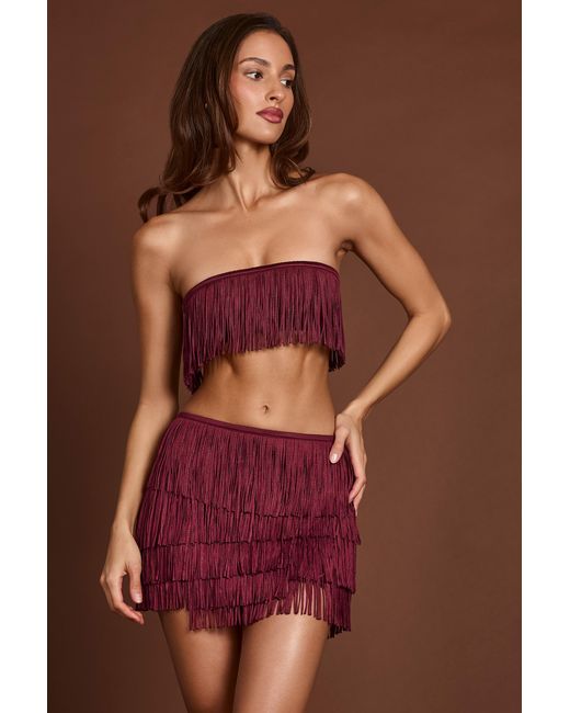Oh Polly Red Fringed Bandeau Lace-Up Crop Top