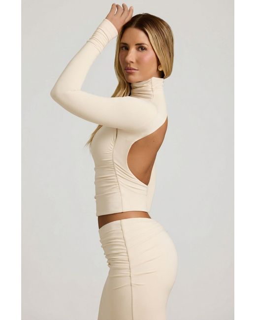 Oh Polly White Modal Ruched Backless Turtleneck Top