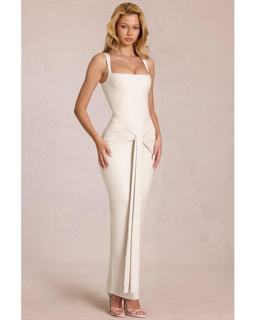 Oh Polly White Square-Neck Tie-Gather Maxi Dress