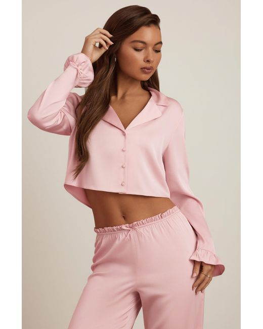 Oh Polly Pink Ruffle-Trim Cropped Pyjama Top