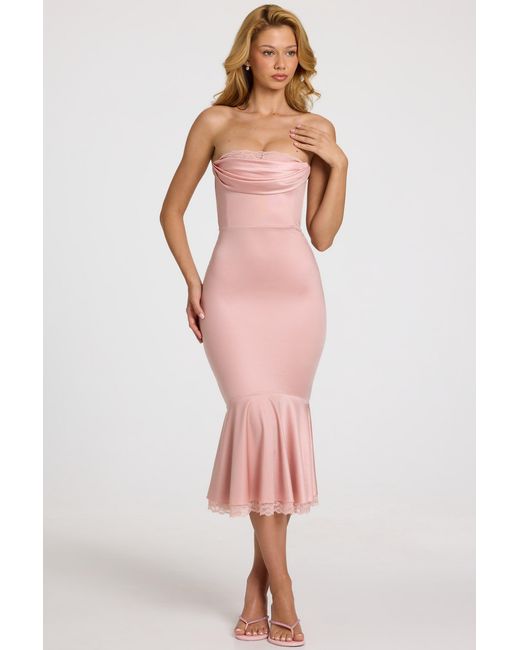 Oh Polly Pink Satin Lace-Trim Bandeau Fluted Midaxi Dress