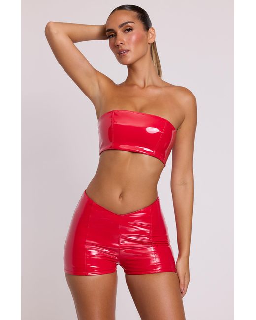 Oh Polly Red Vinyl Angled Waist Mini Shorts