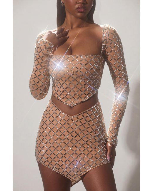 Oh Polly Natural Embellished Asymmetric Mid-Rise Mini Skirt