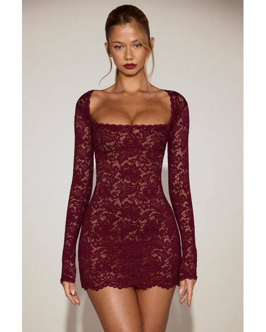 Oh Polly Red Sheer Scalloped-Lace Long-Sleeve Mini Dress
